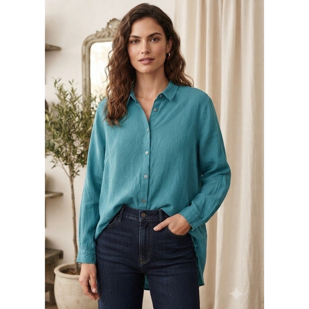 J. Jill Silk Button Front Long Sleeve Top Women's XL Teal Tunic Vacation Office